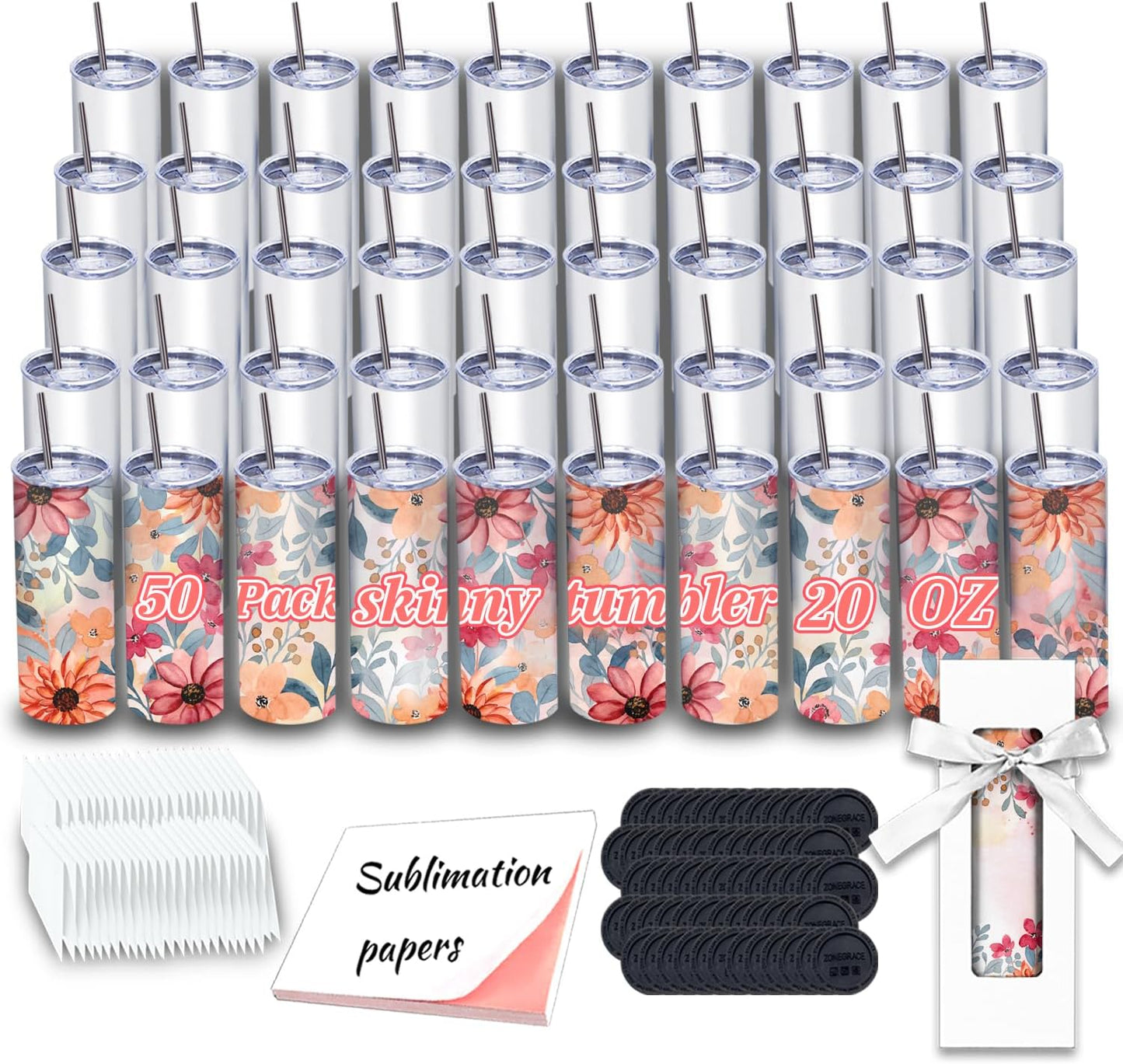 50 Pack Sublimation Tumblers 20 oz Skinny for Custom Designs