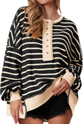 Striped Oversized Waffle Knit Henley Sweatshirt - Cozy Casual Fit