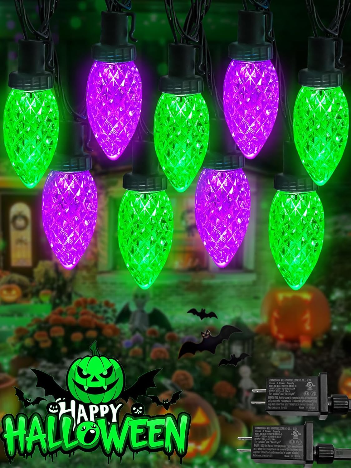 100LED Purple and Green C9 Halloween Lights for Spooky Decor