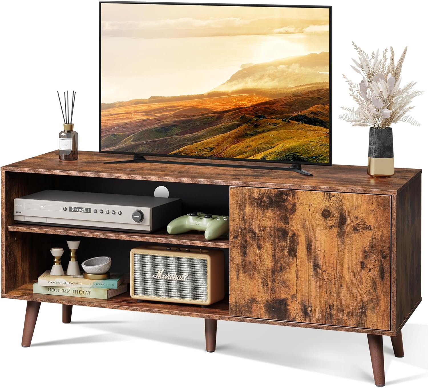 Mid-Century TV Stand with Storage Cabinet, Fits 55 TVs
