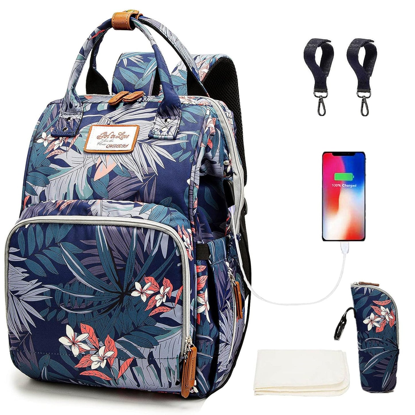 Floral Diaper Bag Backpack with USB Port and Insulated Pocket