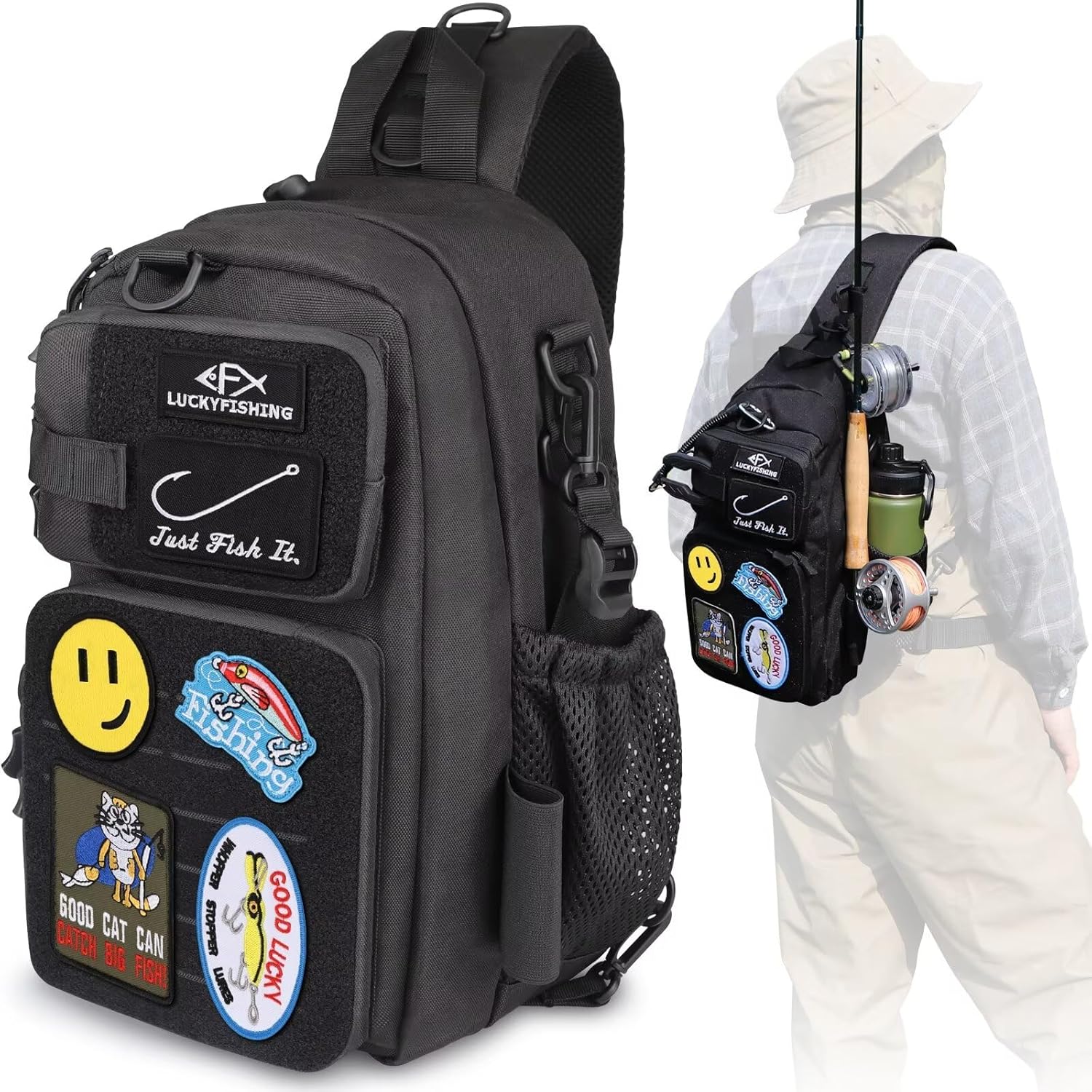 Lightweight Fishing Sling Bag w/ 6 Patches - LUCKYFISHING