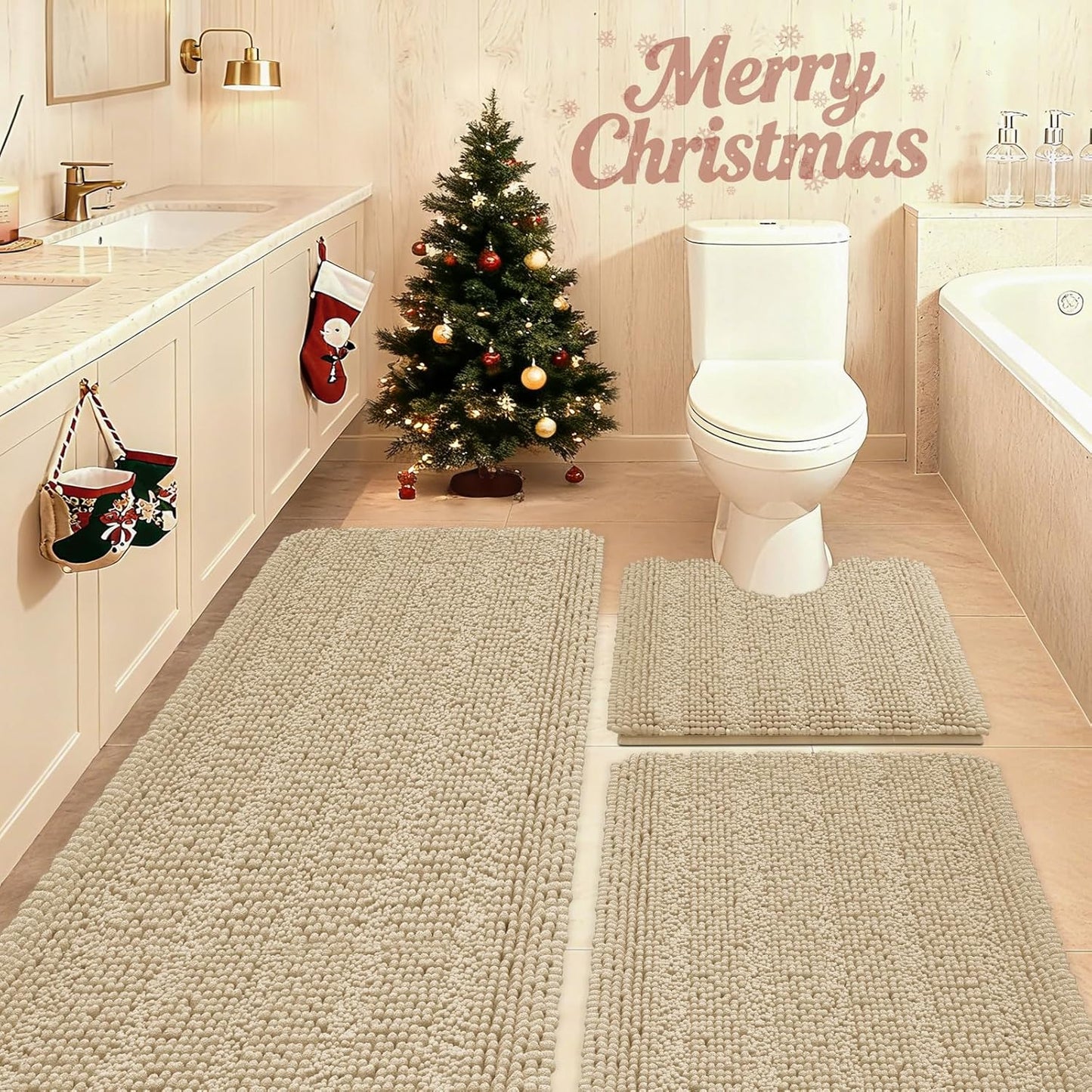 Ultra Soft Striped Beige Bathroom Rug Set 3 Pieces for Luxury