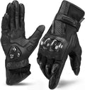 Leather Motorcycle Gloves with Carbon Fiber Hard Knuckle - All Black