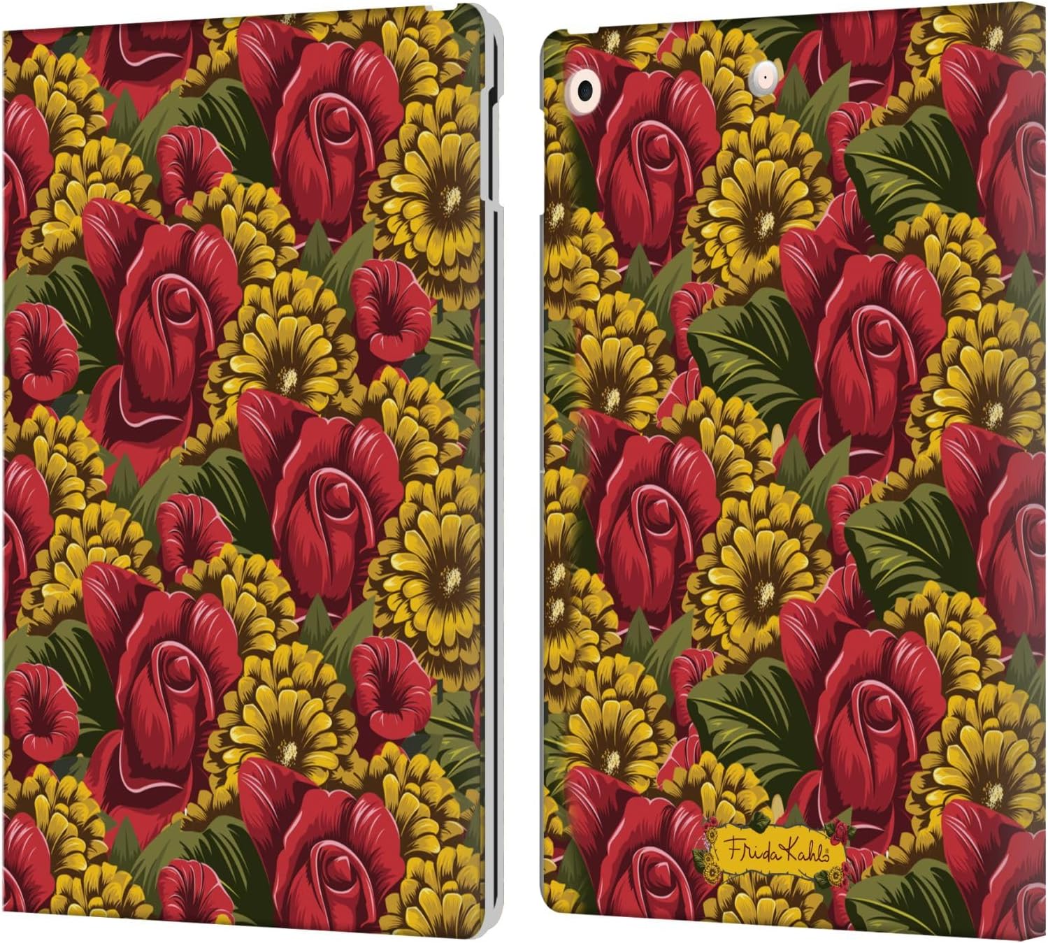 Frida Kahlo Pattern Red Florals Leather Wallet Case for iPad