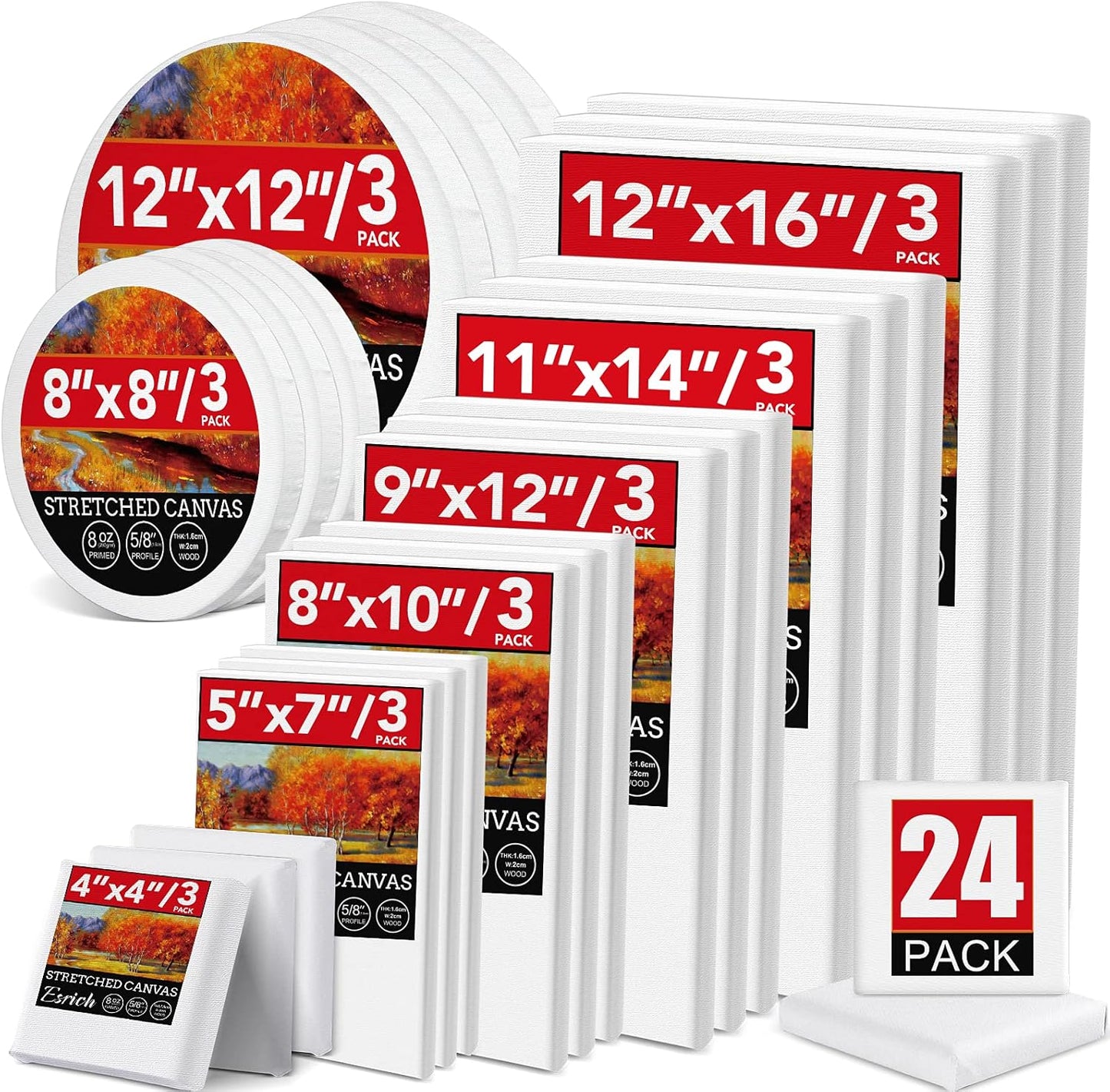 24 Pack Canvases for Painting in Various Sizes and Shapes