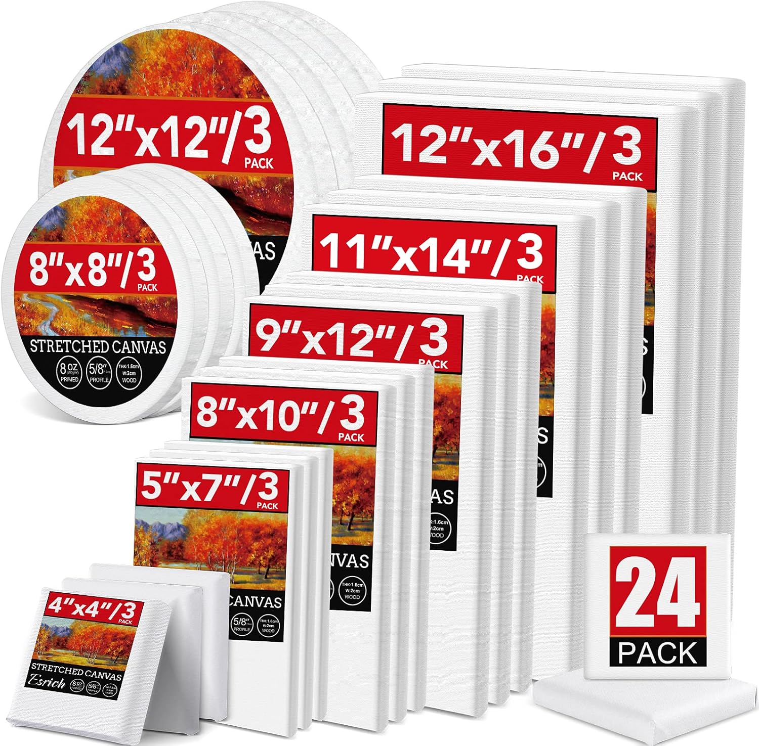 24 Pack Canvases for Painting in Various Sizes and Shapes
