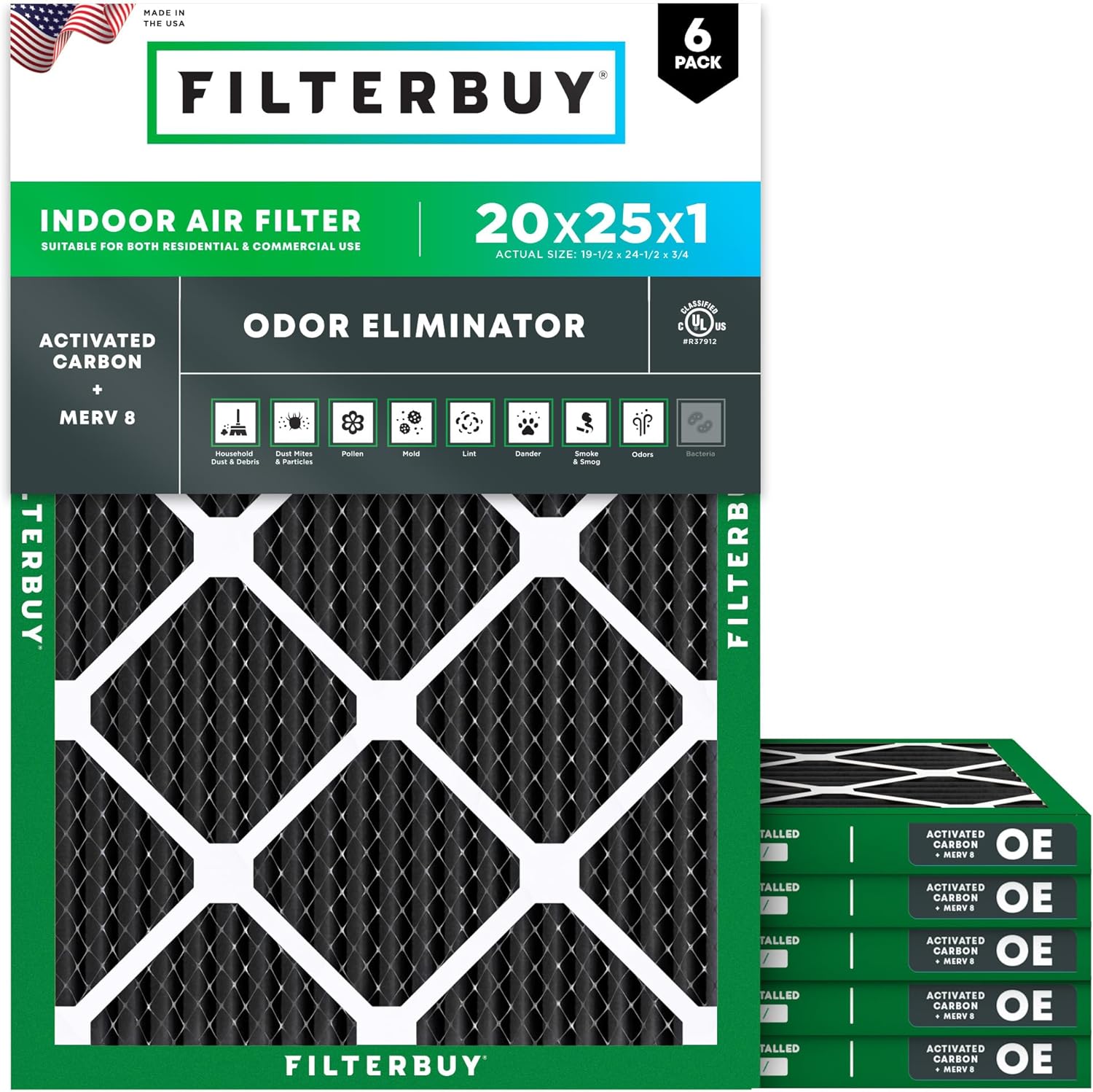 Filterbuy 20x25x1 Air Filter MERV 8 for Odor & Allergy Defense