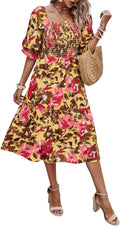 PRETTYGARDEN Women's Puff Sleeve Smocked Midi Dress - Flowy Summer