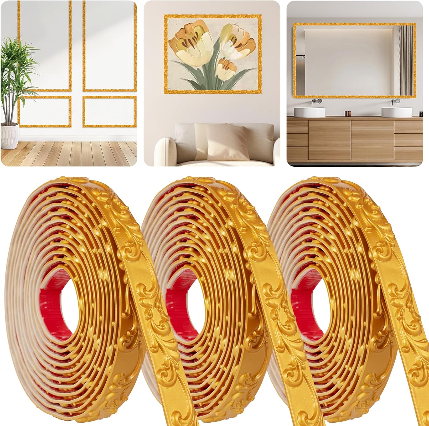 3 Pack 16.4FT Gold Peel and Stick Crown Molding Trim Kit