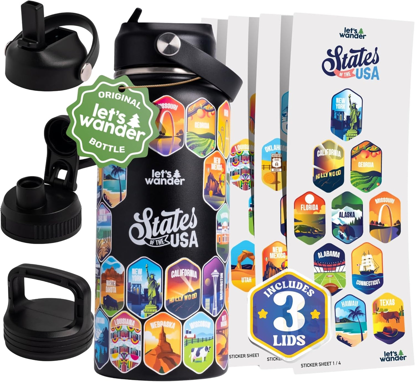 50 States Water Bottle with 3 Lids and 50 Stickers - 32oz
