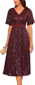 GRACE KARIN Women's Sequin V Neck Ruffle Sleeve Cocktail Dress