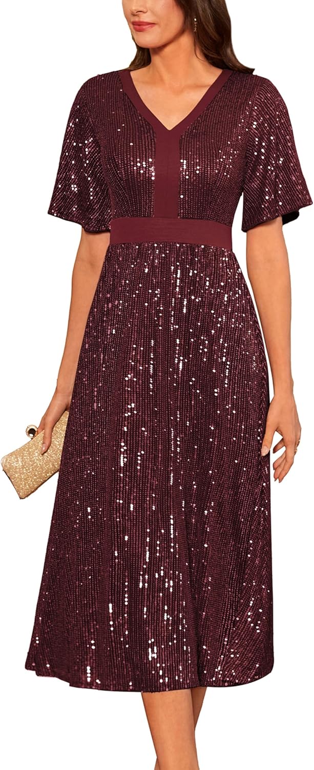 GRACE KARIN Women's Sequin V Neck Ruffle Sleeve Cocktail Dress