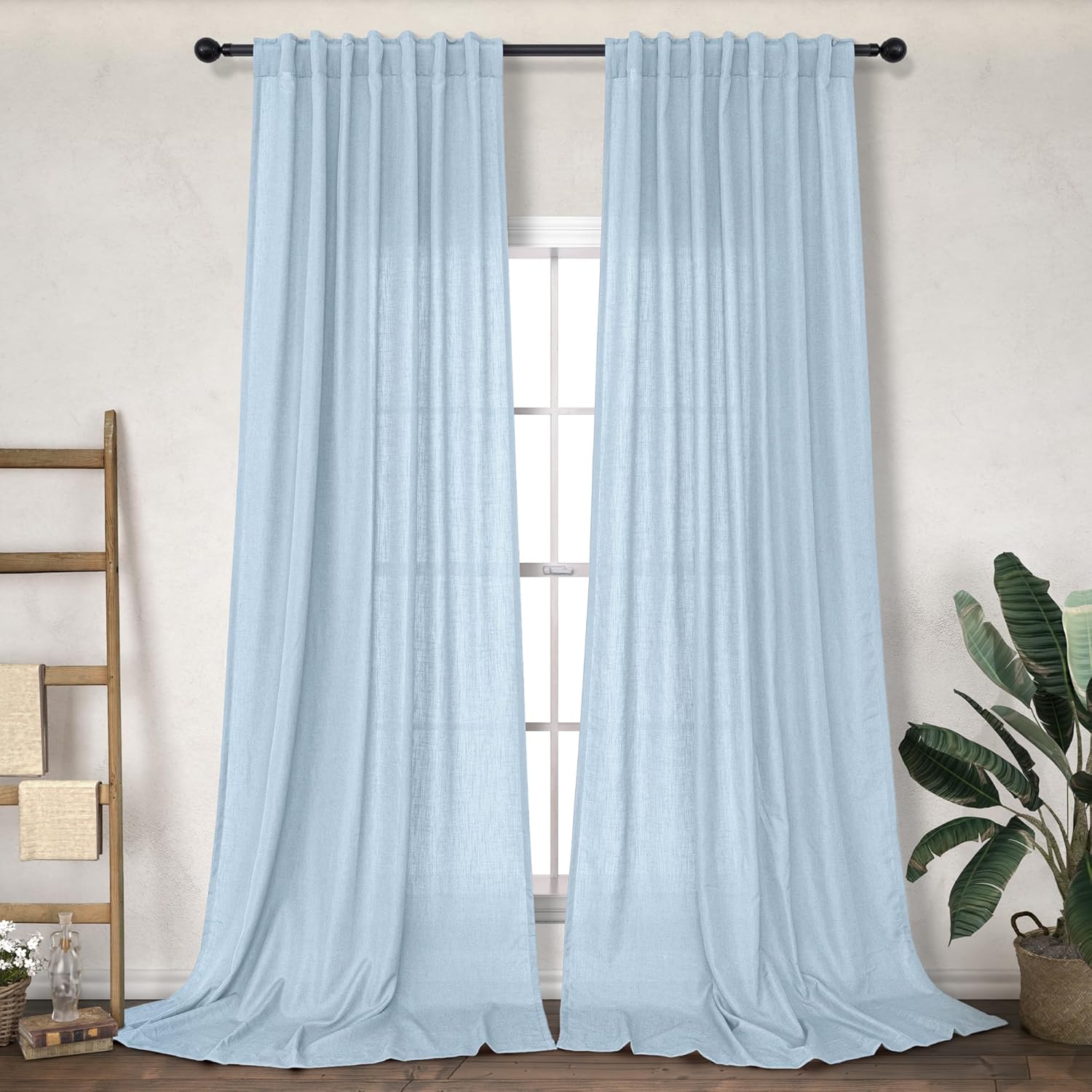 Light Blue Linen Curtains 108 Inches Long for Living Room
