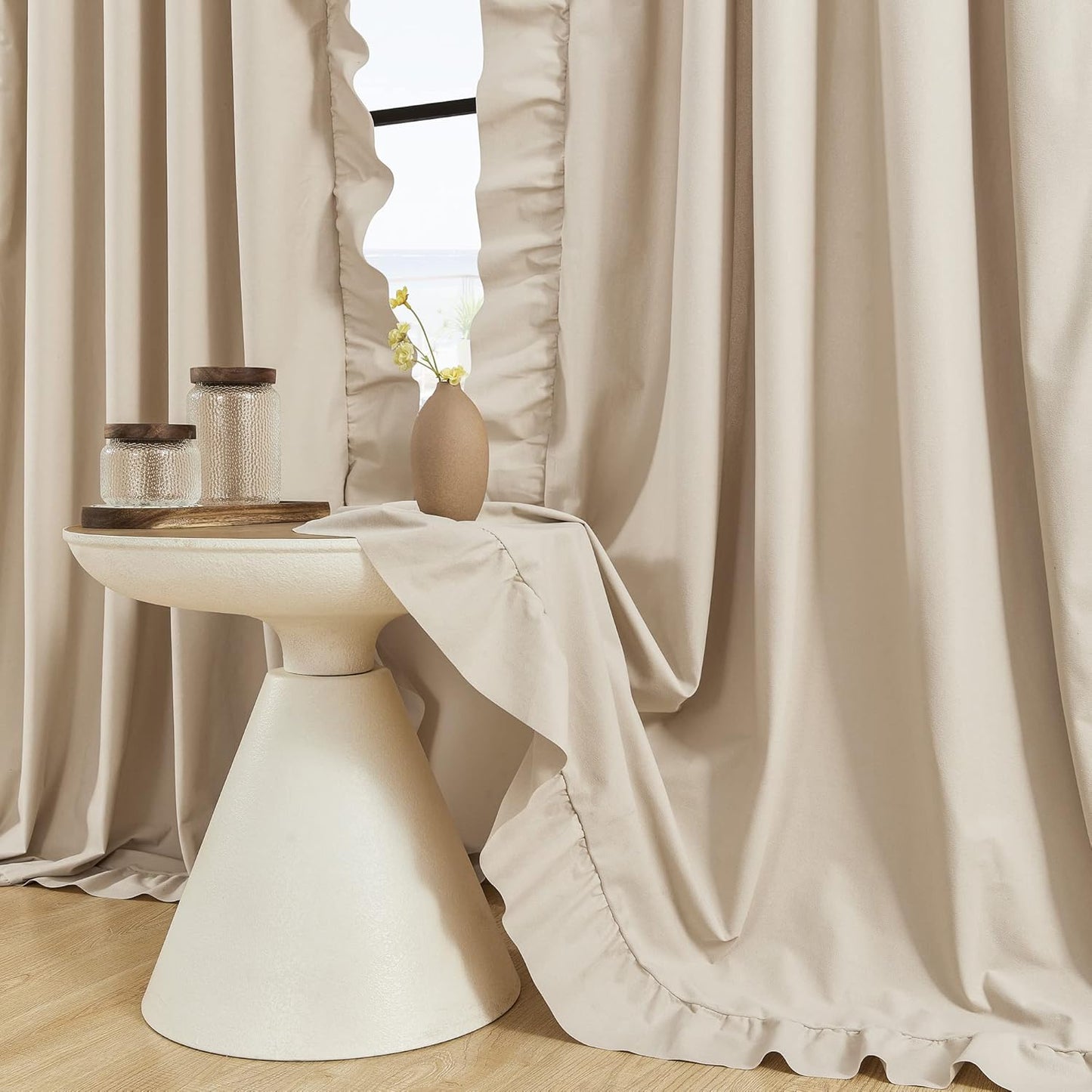 Light Filtering Beige Ruffle Curtains 84 - FOLKSIDE