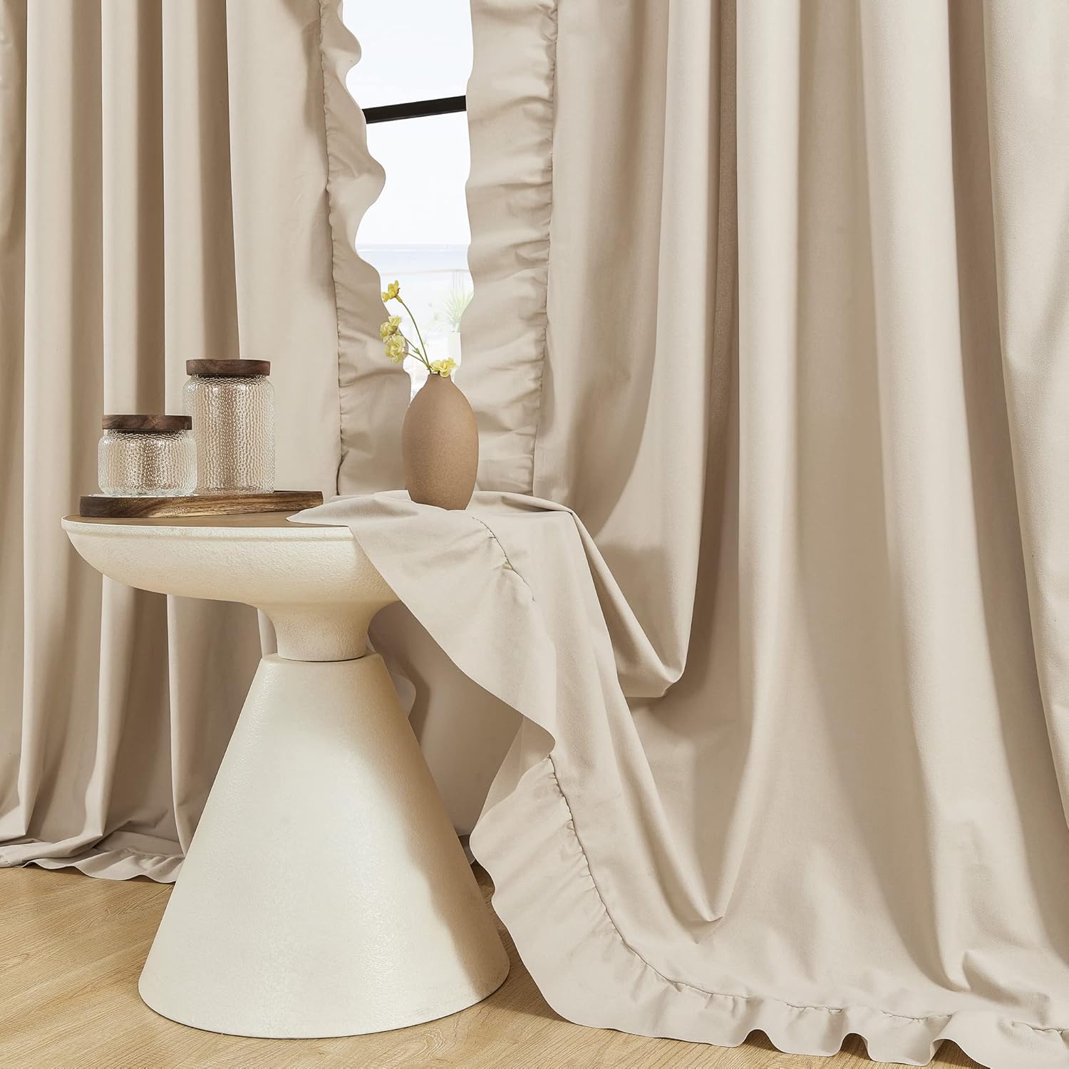 Light Filtering Beige Ruffle Curtains 84 - FOLKSIDE