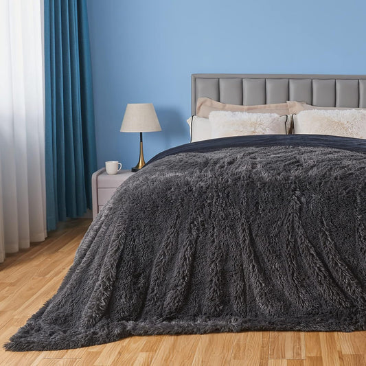 GONAAP Fuzzy Faux Fur Throw Blanket Queen Size Dark Grey Cozy