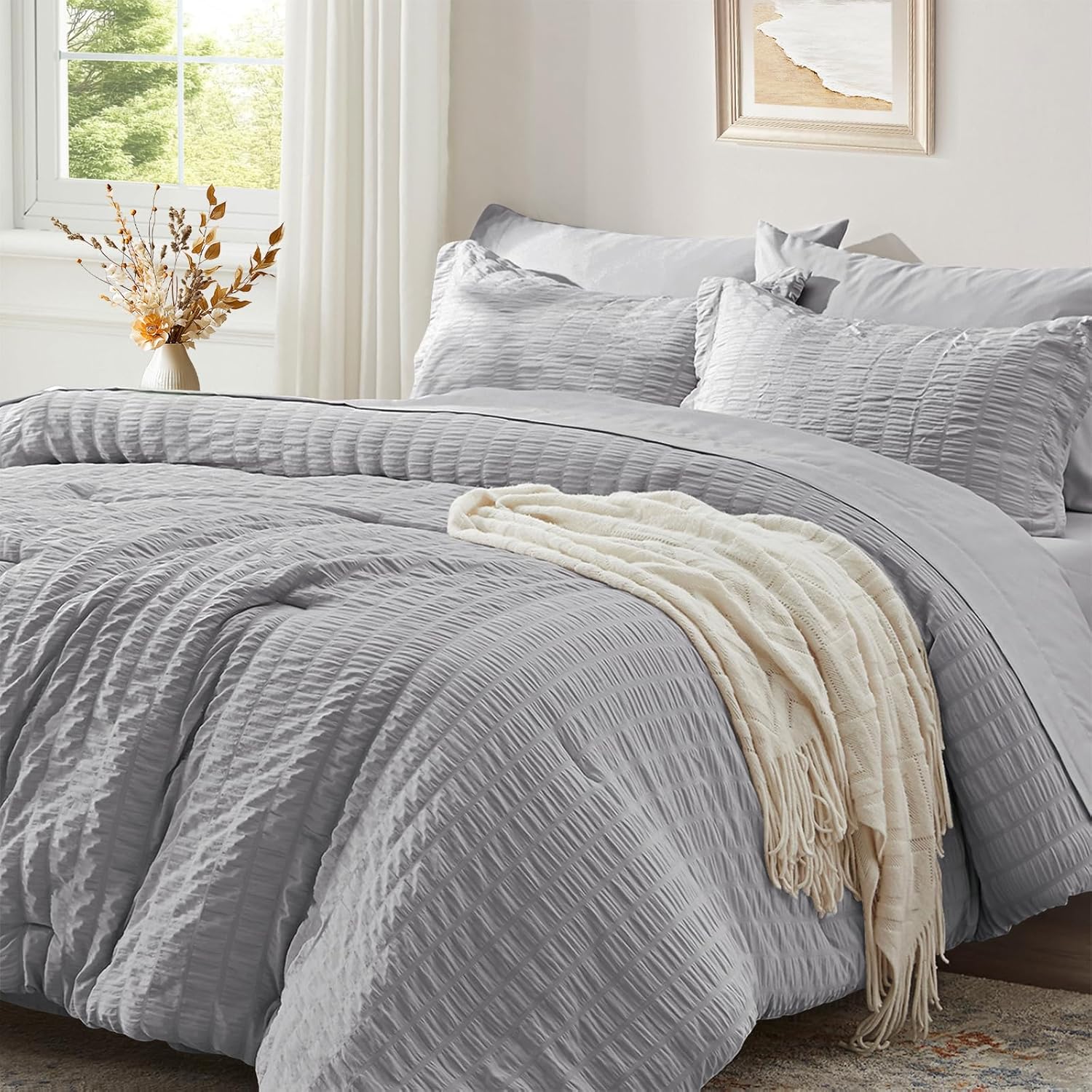 Zzlpp King Comforter Set 7 Pieces in Light Grey Seersucker