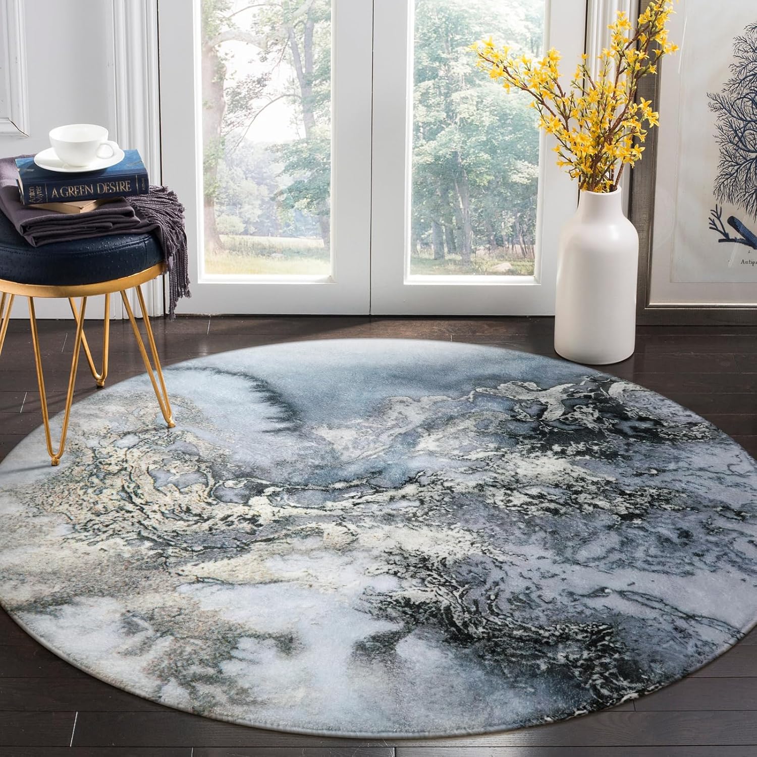 Lahome Marble Pattern Washable Round Rug - Non-Slip 5'3Ft Circle Rug for Bedroom/Living Room