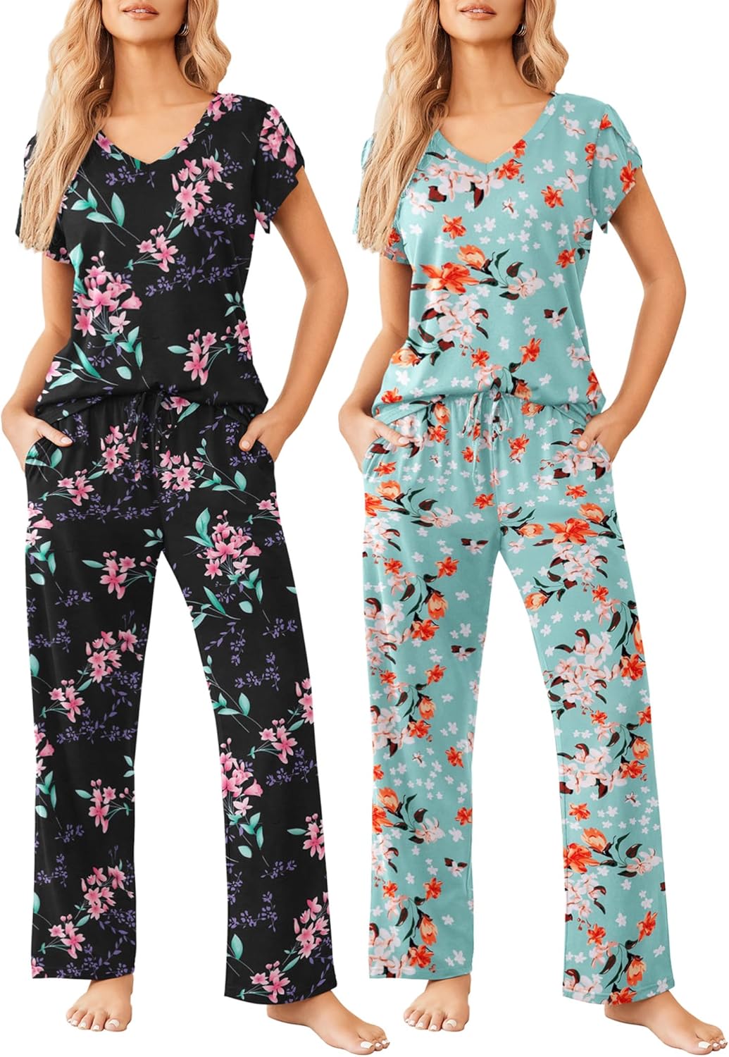 Ekouaer 2 Pack Womens Pajamas Short Sleeve Sleepwear Sets