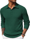 Mens Knit Polo Shirt Long Sleeve Waffle Texture - Warm Casual Layer
