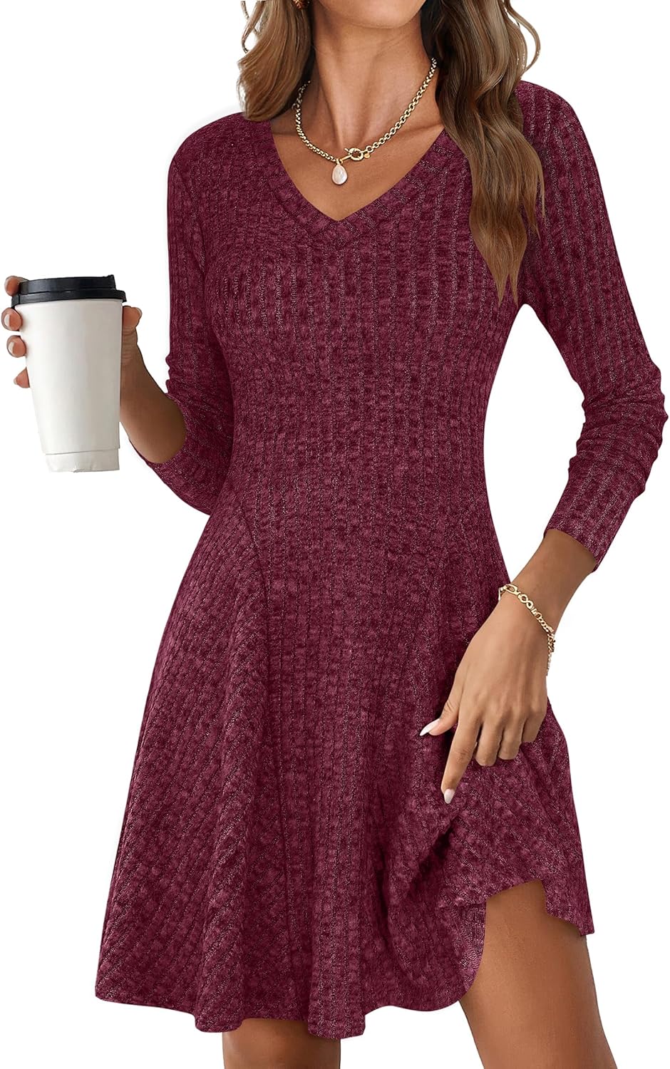 ANRABESS Women Long Sleeve Ribbed Knit Short Dress for Fall