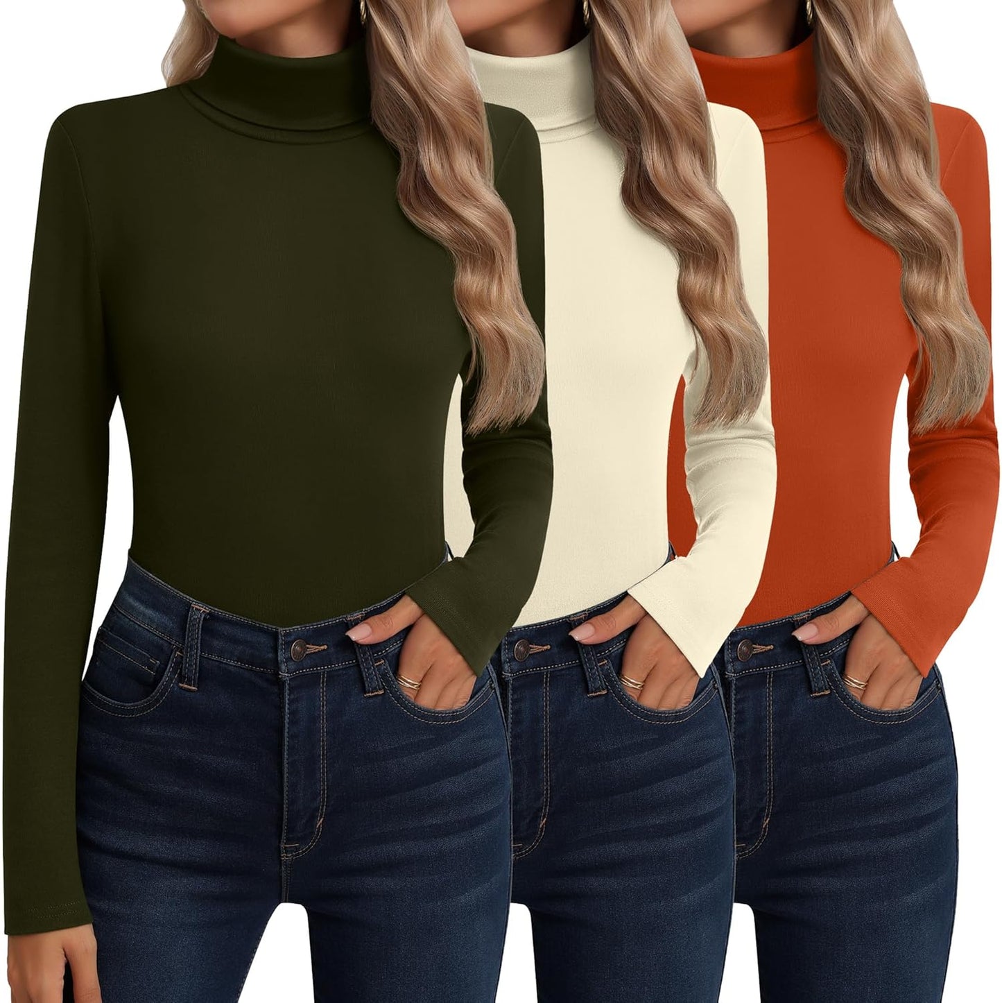 Neer 3 Pack Cotton Women's Turtleneck Long Sleeve Tops