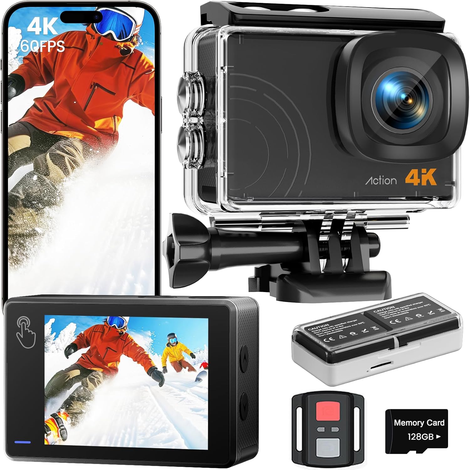 4K 60FPS Action Camera with 128GB Card and Waterproof Case