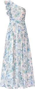 Women One Shoulder Floral Maxi Dress - Smocked Back Summer Flow