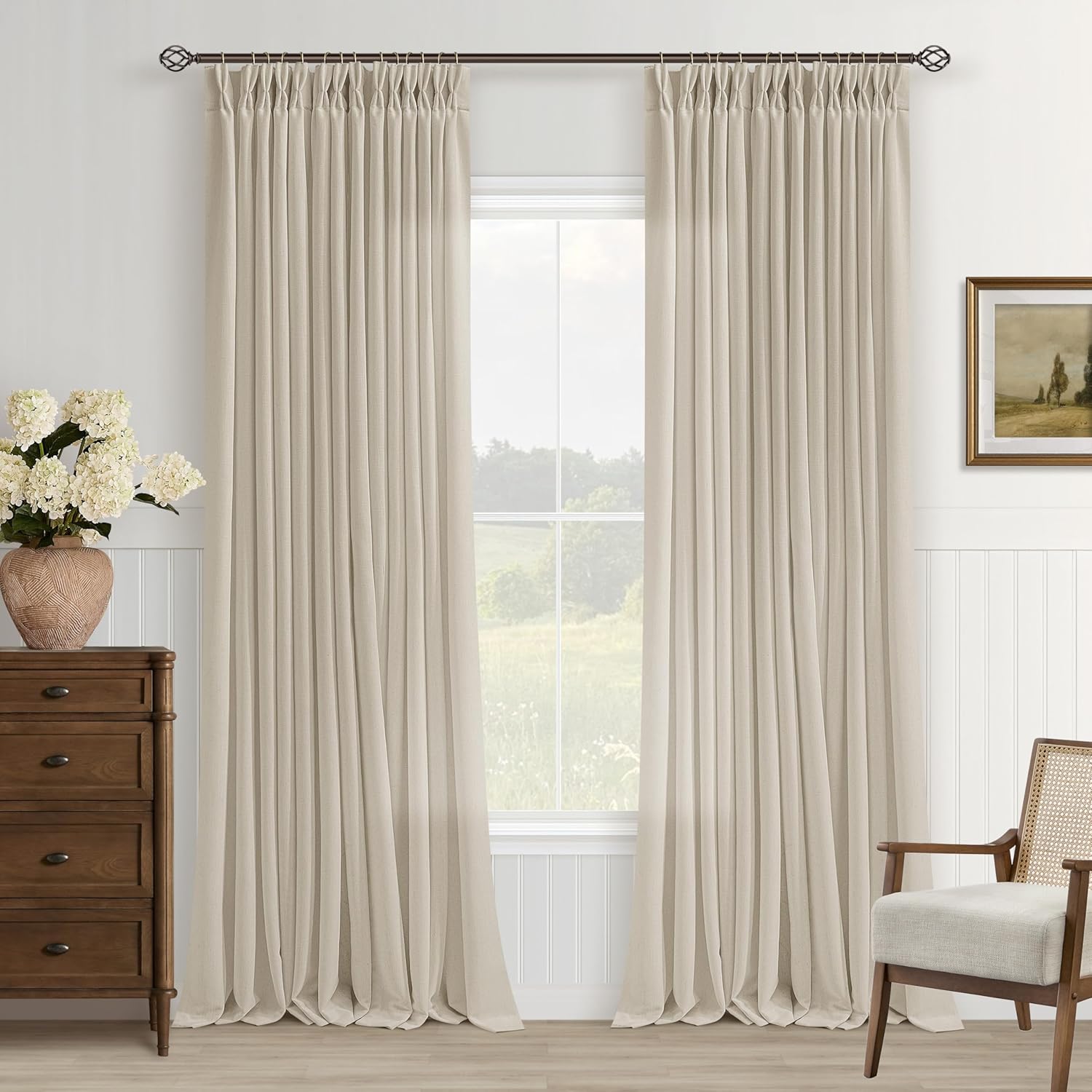 Beige Linen Pleated Curtains 96 Inches Long for Living Room