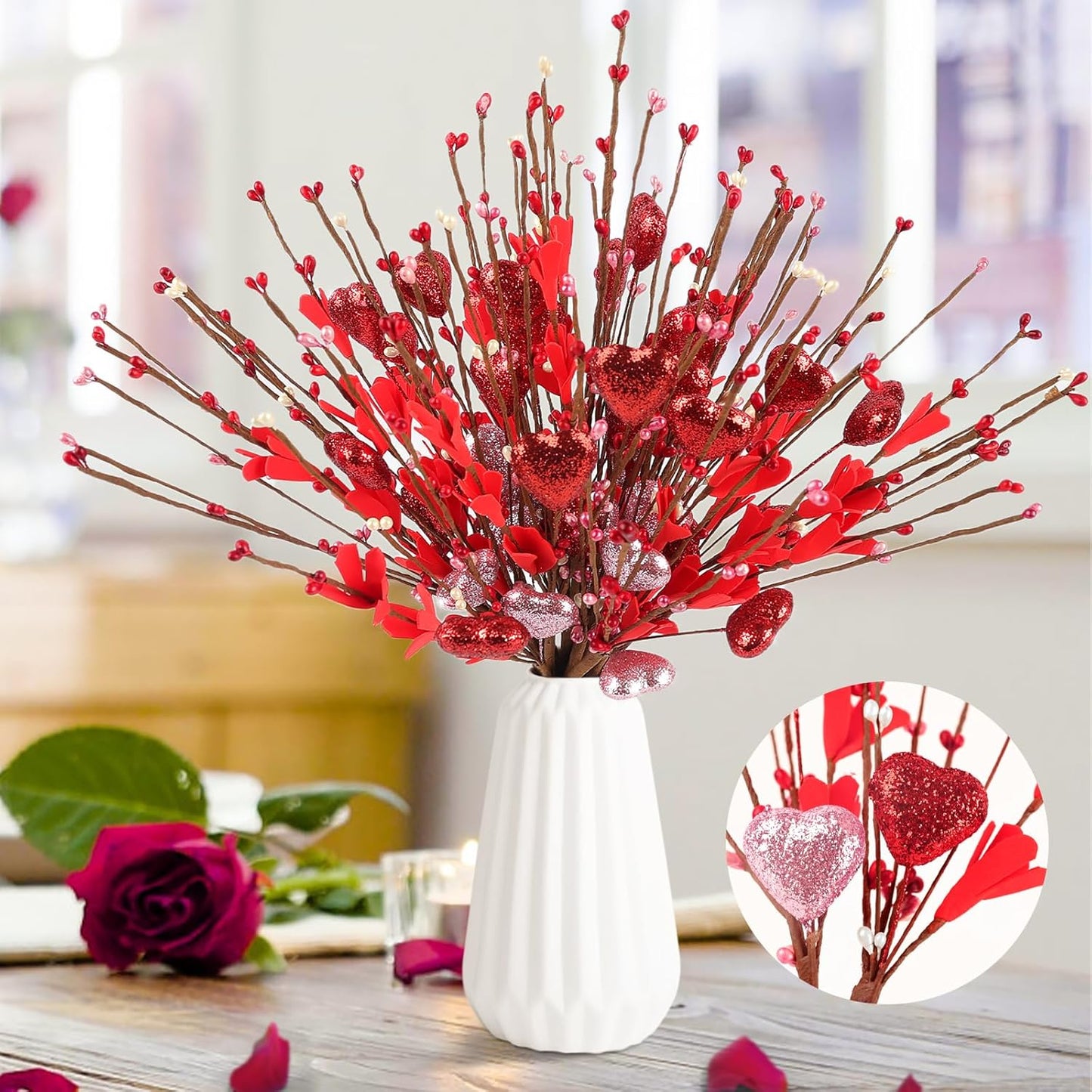 Sparkling Heart Berry Stems - Valentine's Day Floral Decor