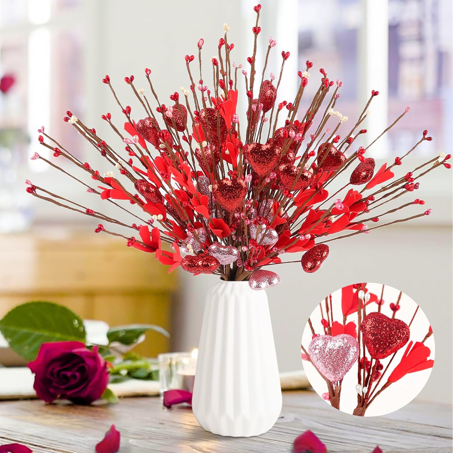 Sparkling Heart Berry Stems - Valentine's Day Floral Decor