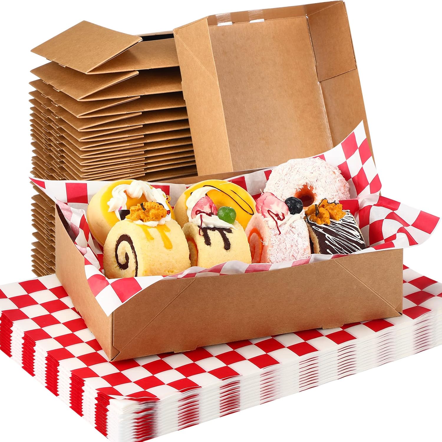 200 Pcs Kraft Paper Food Tray and Checkered Wrapping Paper Set