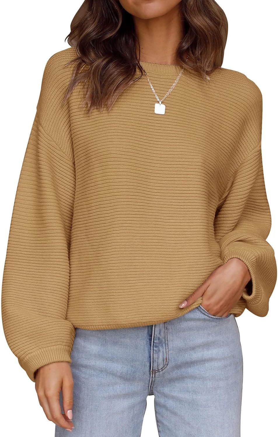 ZESICA Women's Crew Neck Lantern Sleeve Pullover Sweater Tops