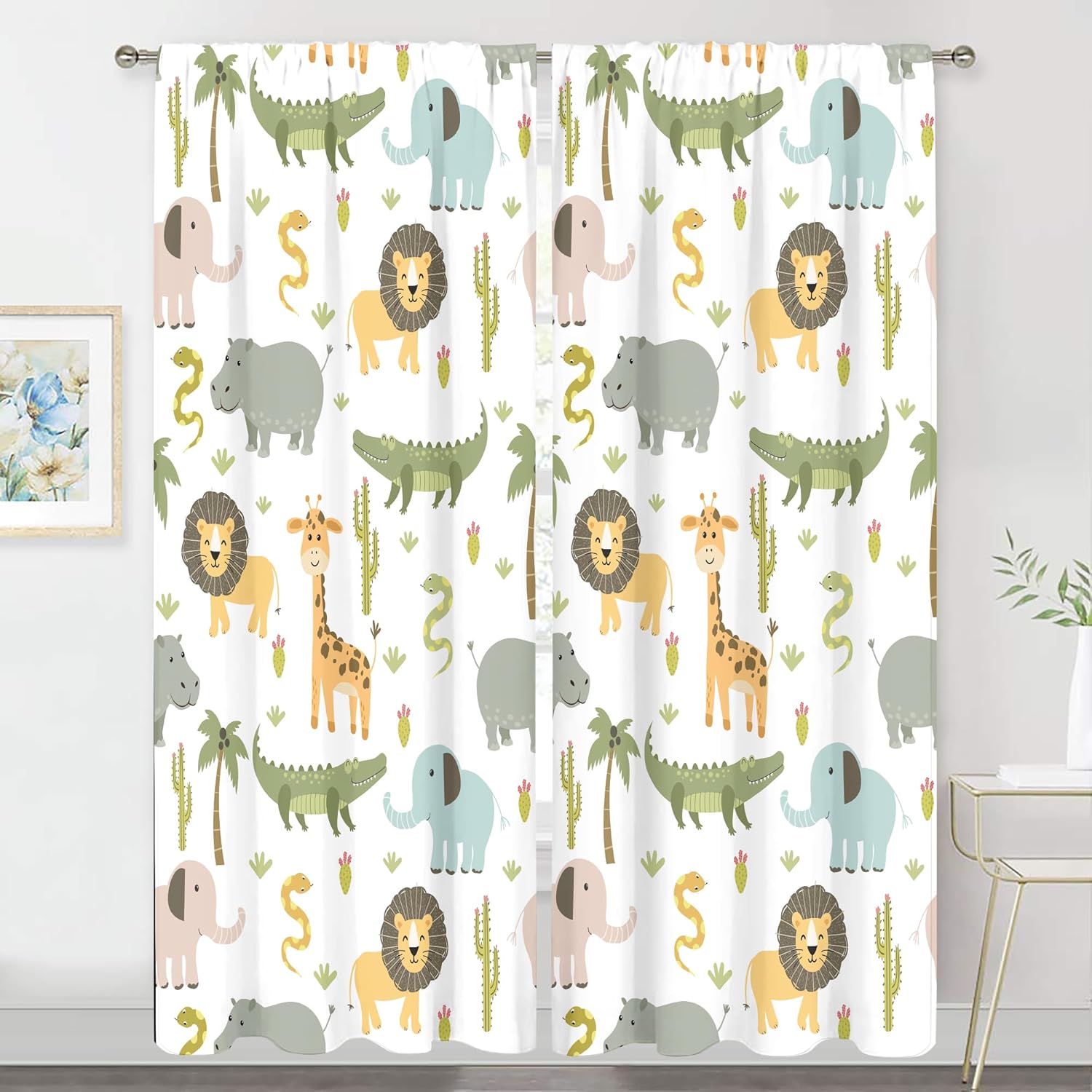 Safari Animal Curtains for Kids Room Decor - 52W X 84H Inch