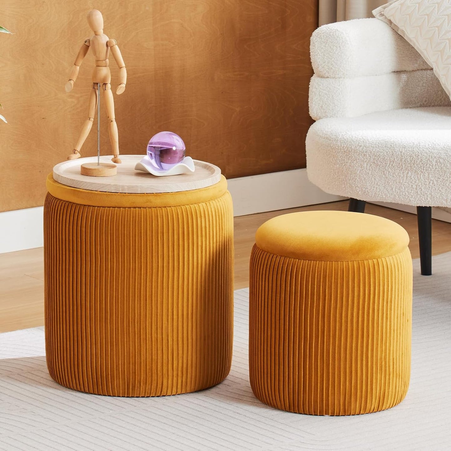 Round Ottoman with Storage Set of 2 for Living Room & Bedroom