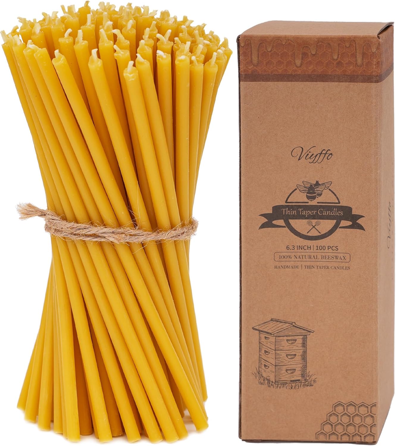 100 Unscented Beeswax Taper Candles - Dripless & Smokeless - 6.3 Inch