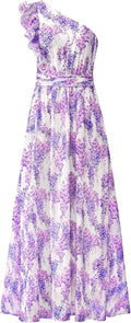 Women One Shoulder Floral Maxi Dress - Smocked Back Ruffle Style