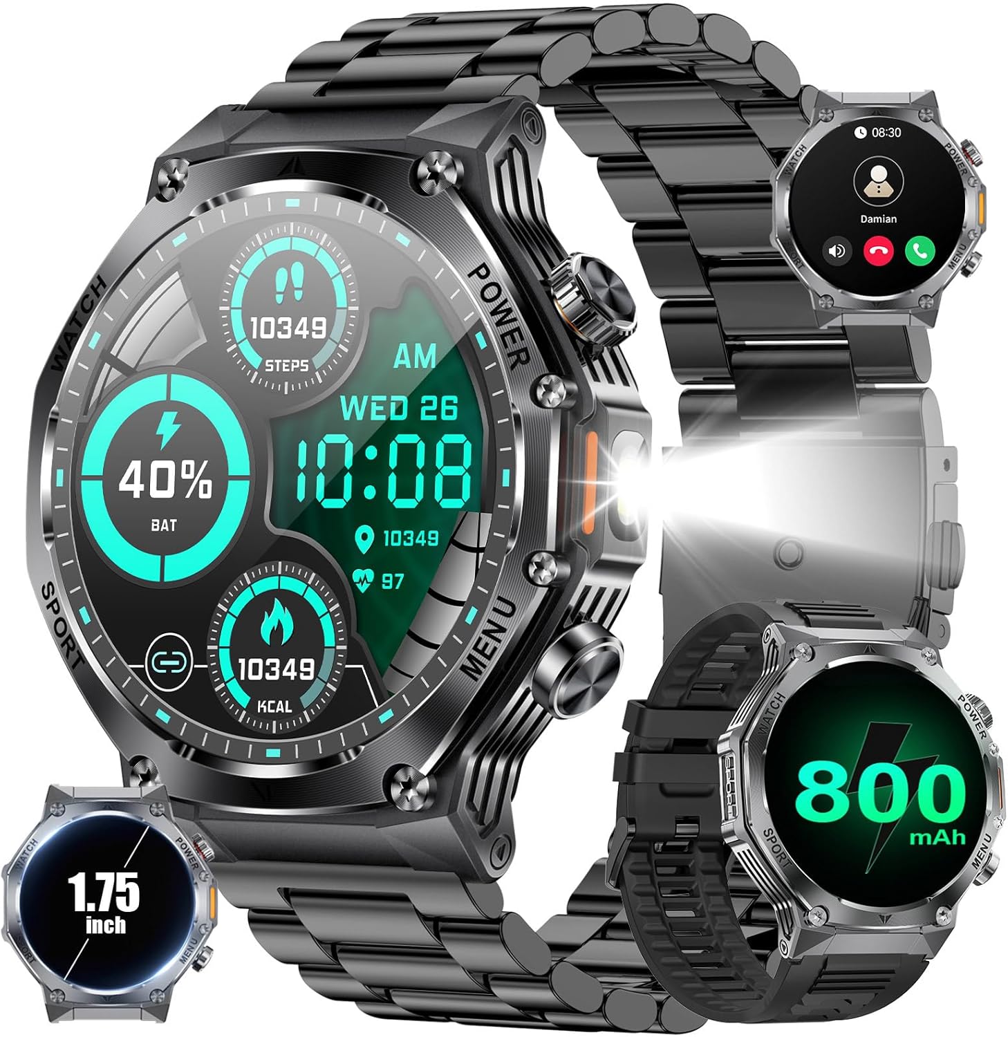 Military Smart Watch for Men with 800mAh Battery and Flashlight