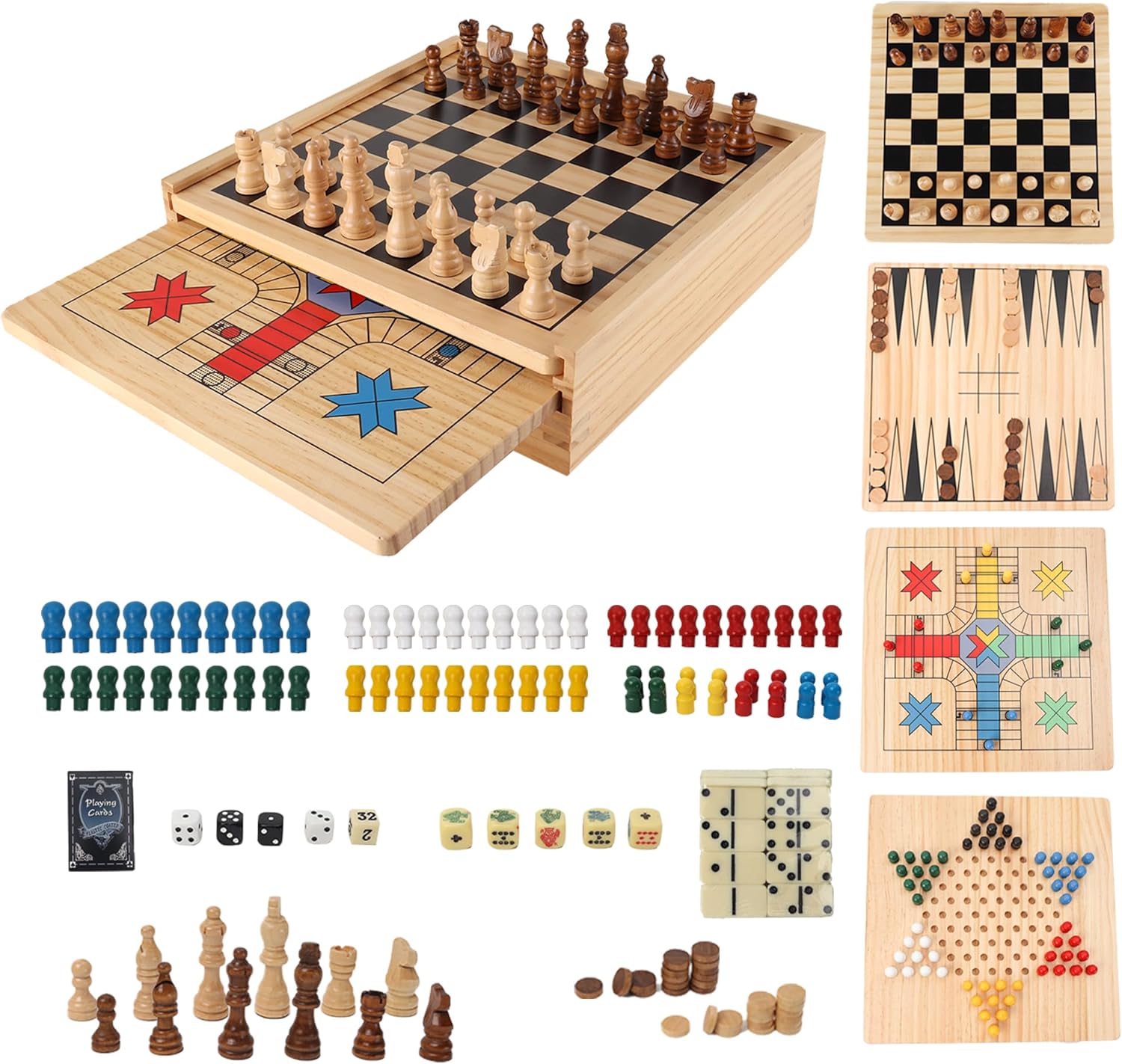 Wooden 9-in-1 Chess, Checkers, Backgammon & More Game Set