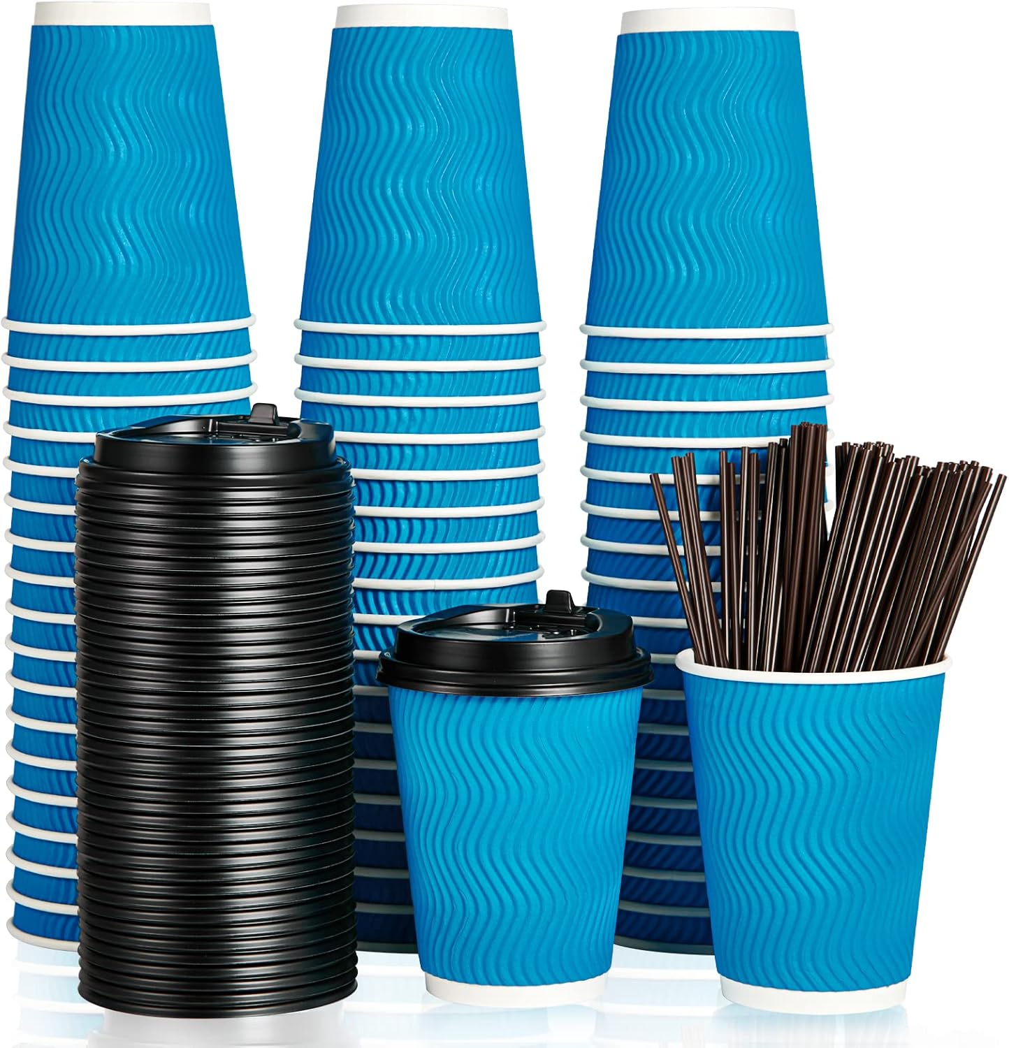 100 Insulated 12 oz Coffee Cups with Lids & Straws