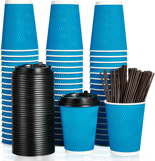 100 Insulated 12 oz Coffee Cups with Lids & Straws