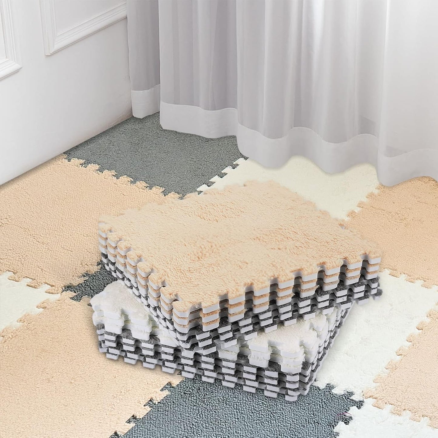 18 Pcs Plush Foam Floor Mat Interlocking Carpet Tiles for Kids