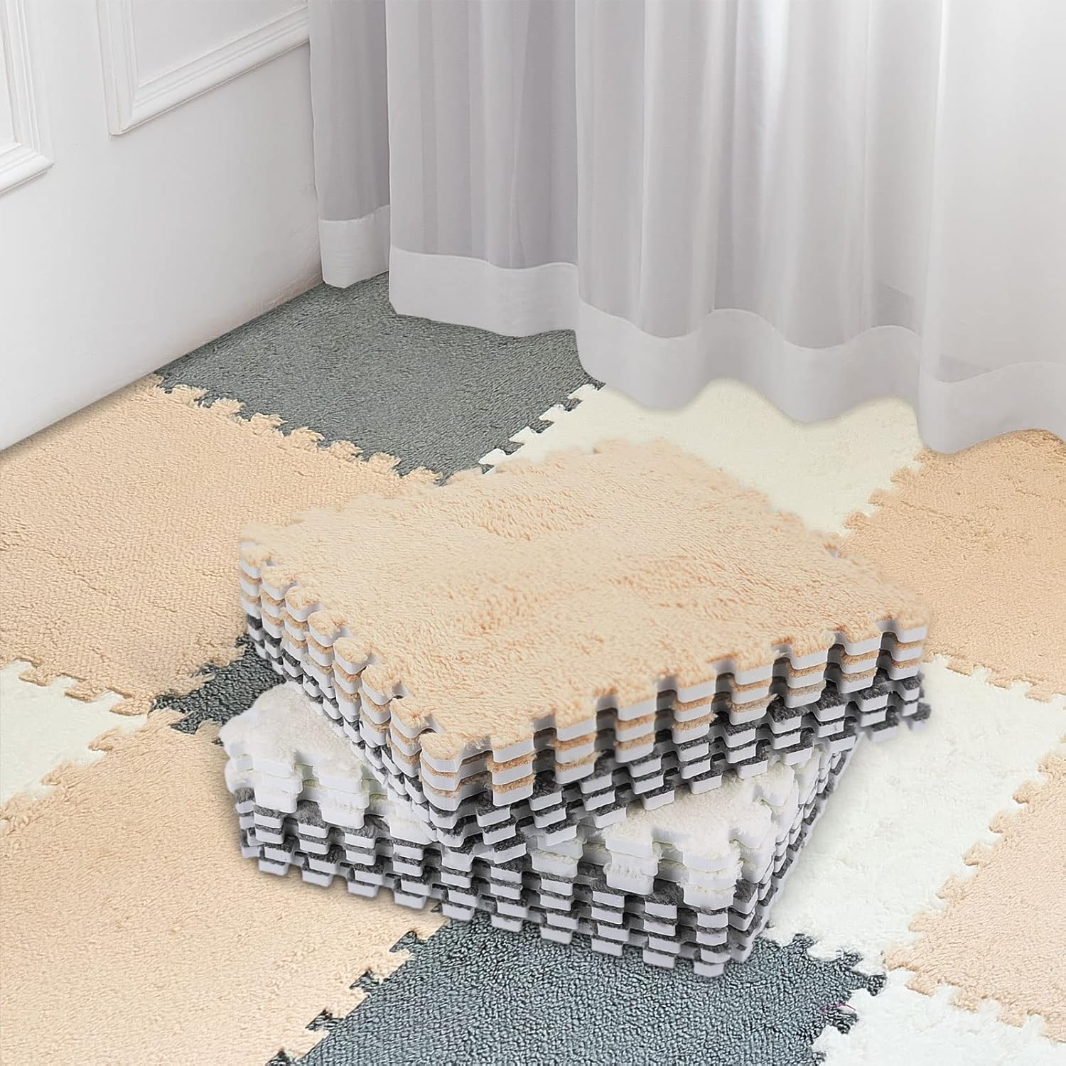 18 Pcs Plush Foam Floor Mat Interlocking Carpet Tiles for Kids