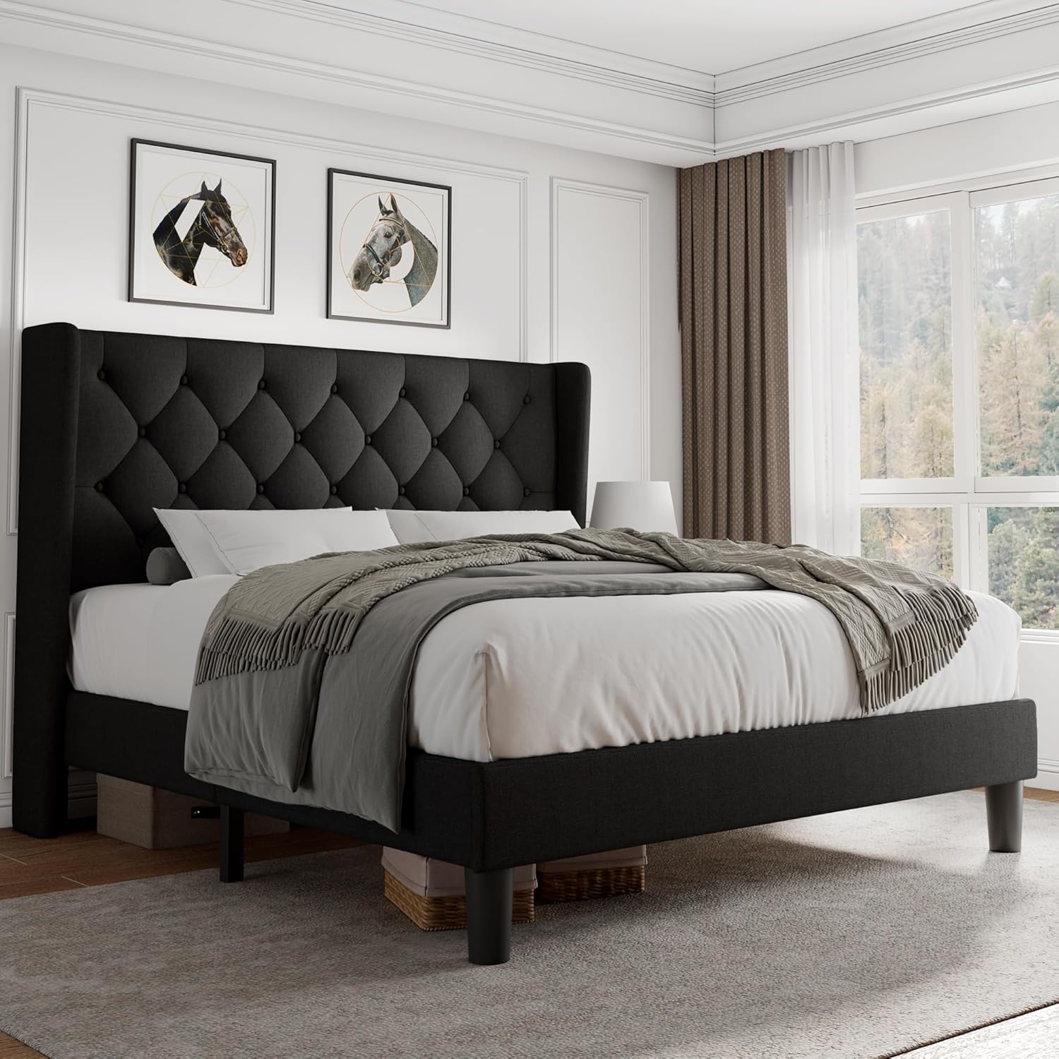 iPormis Full Size Platform Bed Frame with Tufted Headboard