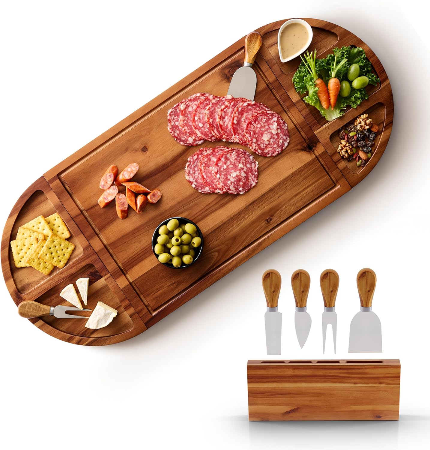 30 Inch Large Acacia Wood Charcuterie Board with 4 Knives Set