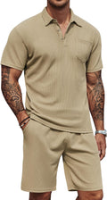 COOFANDY Men's Waffle Knit Polo Shirt and Shorts Set - Lightweight
