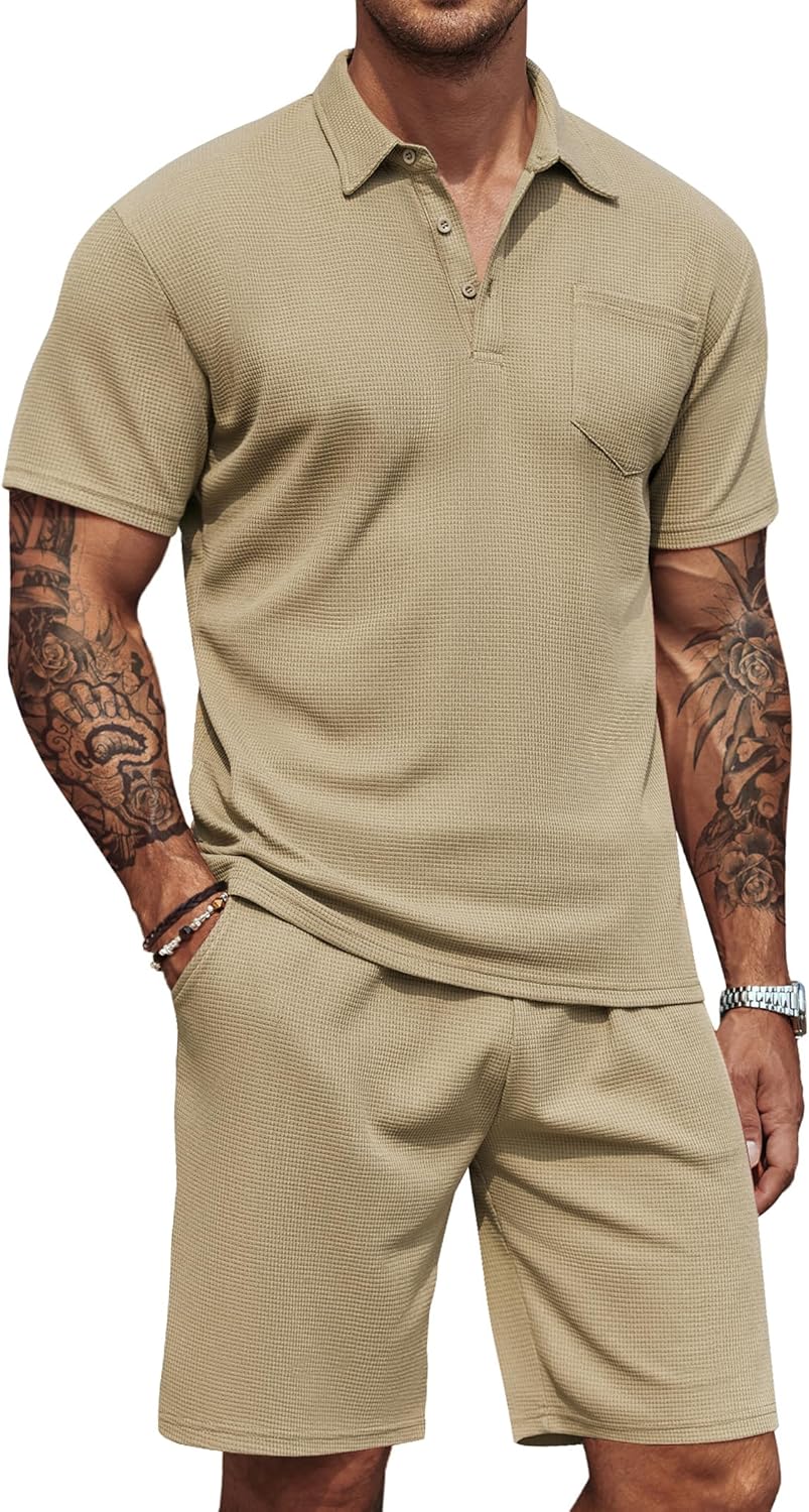 COOFANDY Men's Waffle Knit Polo Shirt and Shorts Set for Summer