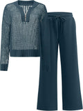 Womens 2 Piece Crochet Knit Half Zip Set - Loose Fit Fall Travel