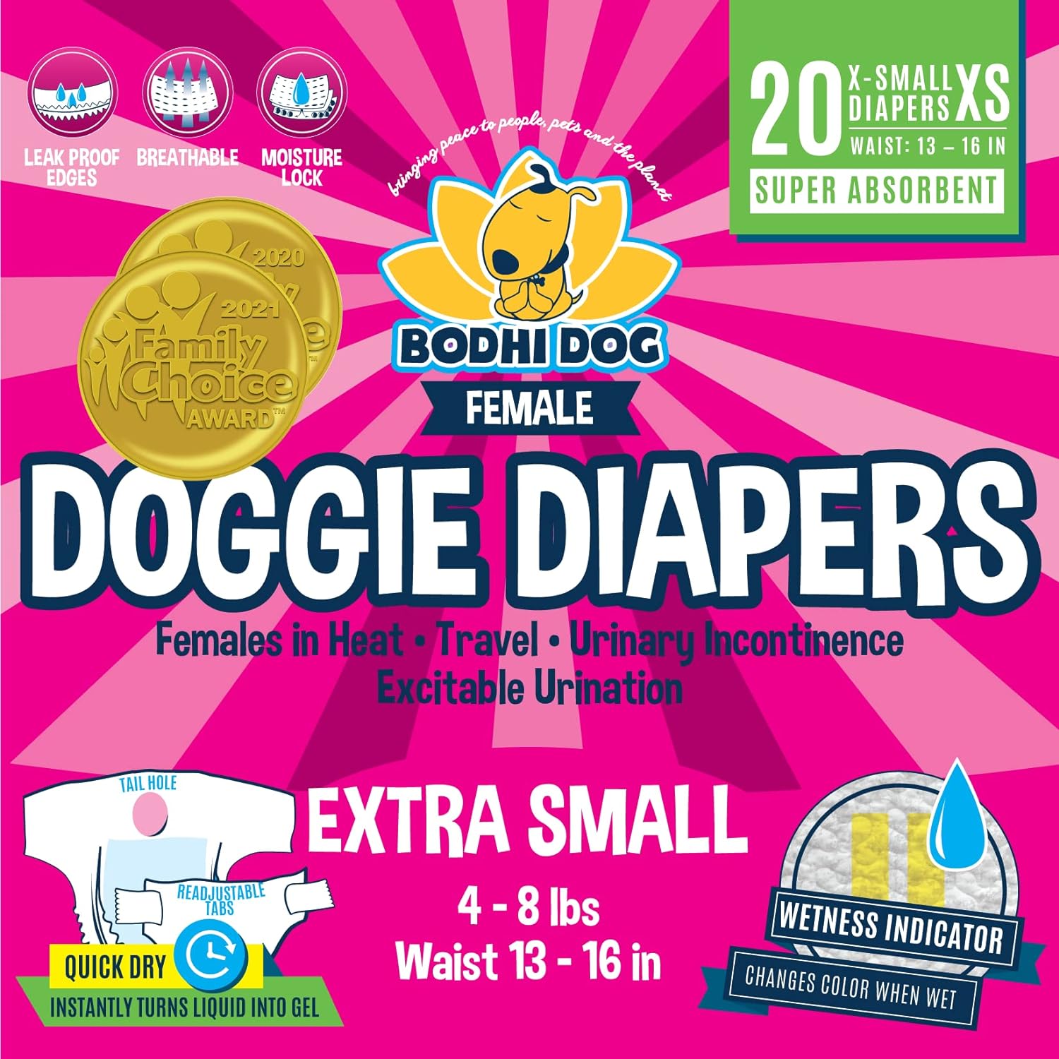 Bodhi Dog Diapers: Super Absorbent, Leak-Proof - XS 20 Ct